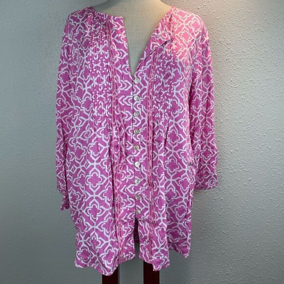 escapada Tops - NWT Escapada Womens Pink and White 3/4 Sleeve Top Size XL